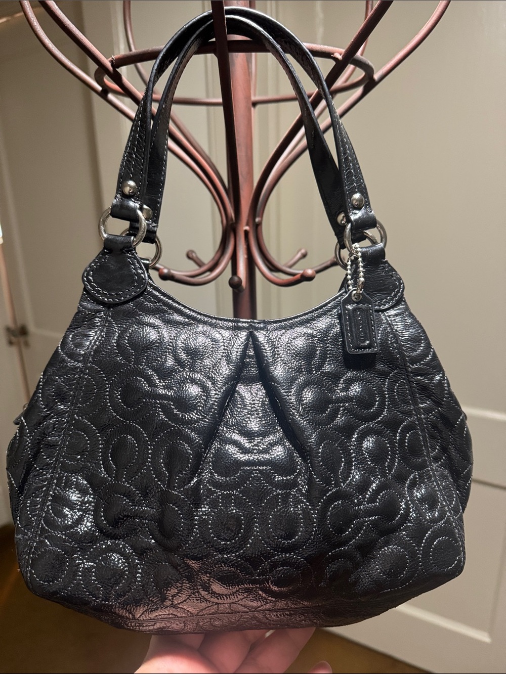 Coach Mini Black Quilted Signature Patten Leather Shoulder Bag with Tag